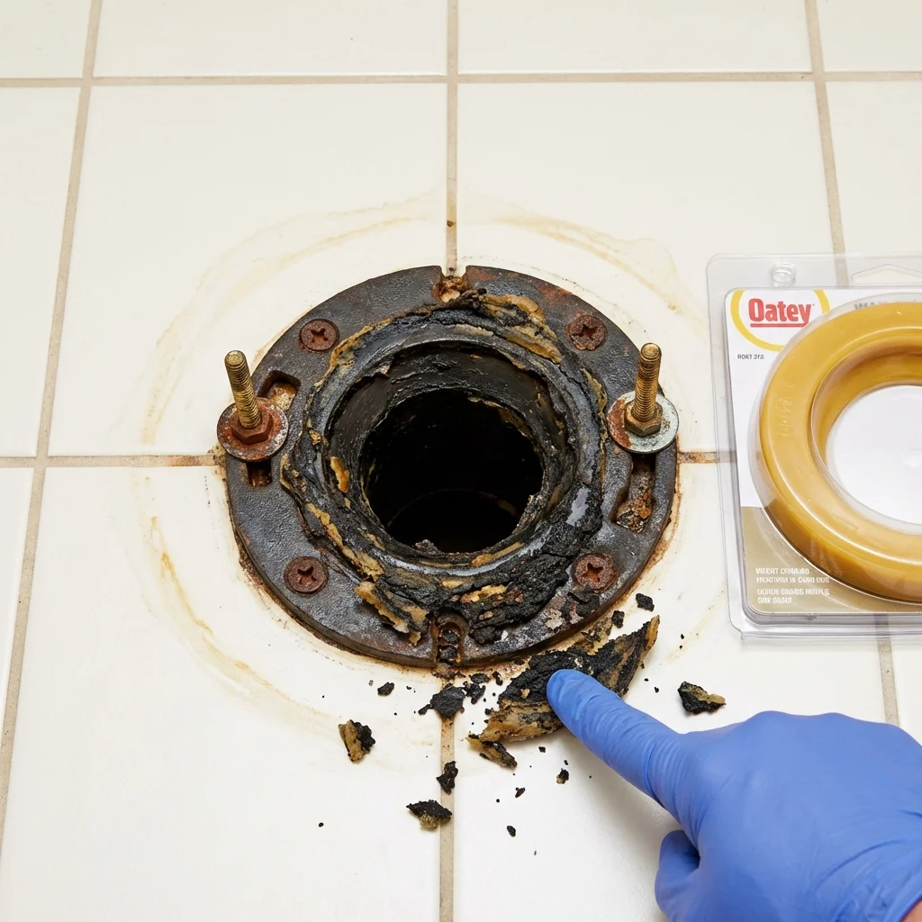 Failed wax ring showing water seepage at the base of a toilet in a Windsor, CT home